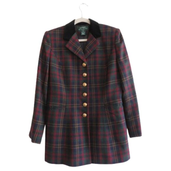 VINTAGE LAUREN RALPH LAUREN Plaid Velvet Collar 100% Wool Blazer Jacket Preppy